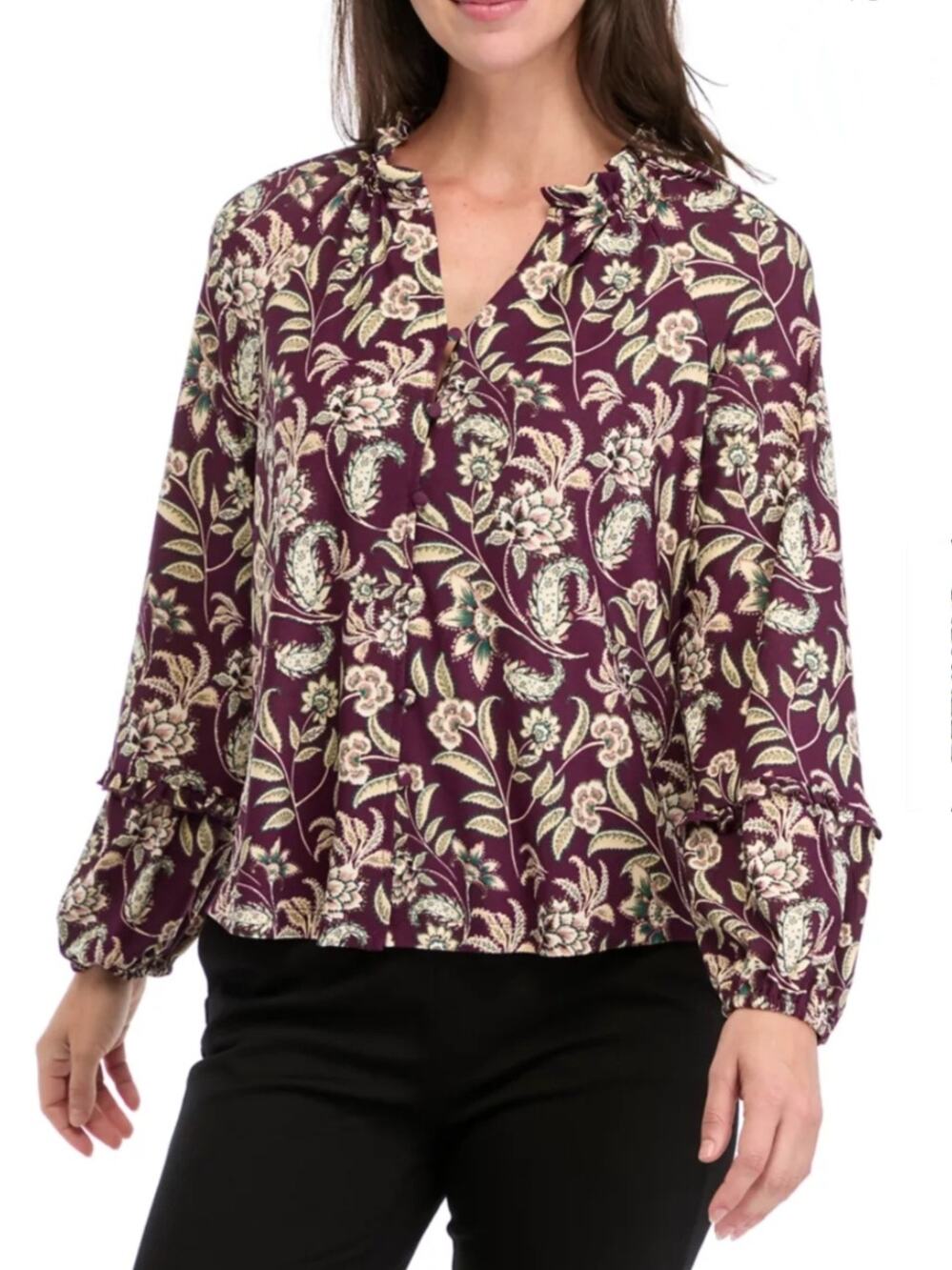 Women Wonderly Maroon Floral Button Blouse Top L Boho Chic Career Classic Artsy